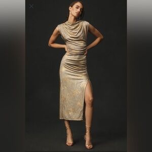 Anthropologie Shimmering Gold Midi Dress